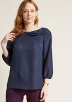 Modcloth Chiffon Blouse With Bow-detailed Collar In Navy In Xs