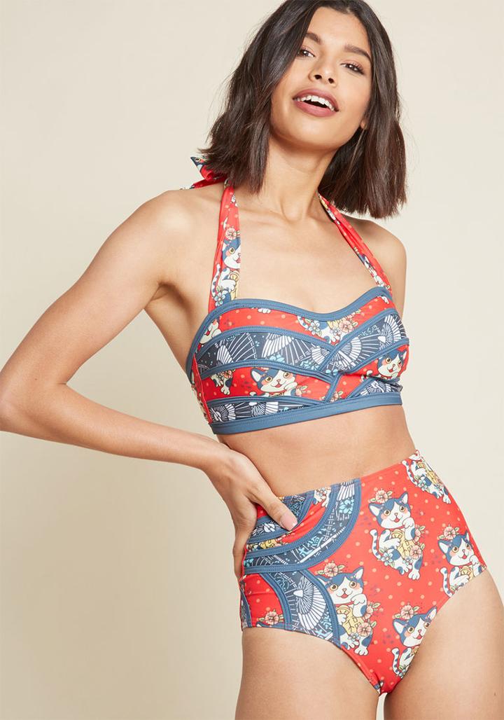 Highdivebymodcloth Set The Serene Bikini Top In Lucky Cat In Xl