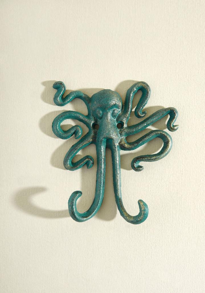 27ironage364 Why Offer A Hand When You Can Extend An Entire Arm? This Octopus Wall Hook Is Happy To Oblige! Made From Sturdy Metal With A Verdigris Effect And A Faint Gold Sheen, This Double Hook Invites Hats, Coats, Bags, And Scarves To Hang For Awhile.