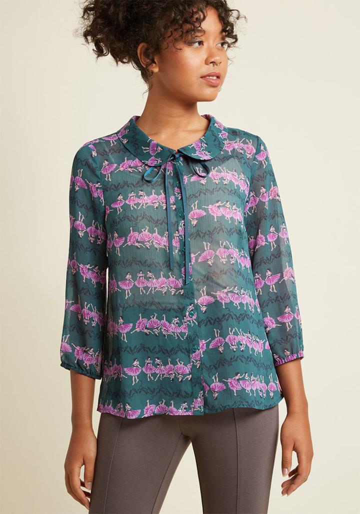 Modcloth Sheer Button-up Tie-neck Top In Ballerinas In Xxs