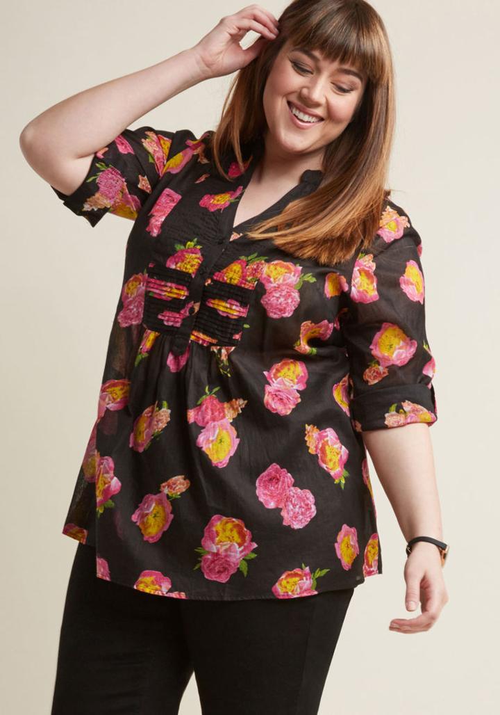 Modcloth Back Road Ramble Cotton Tunic In Black Floral In 3x