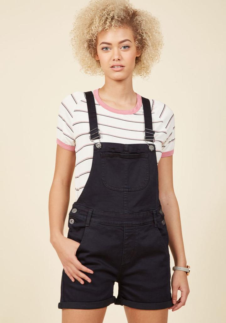 Modcloth Make Shortall Work Of It Denim Romper In Black