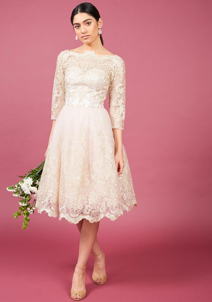 Modcloth Chi Chi London Gilded Grace Lace Dress In Blush