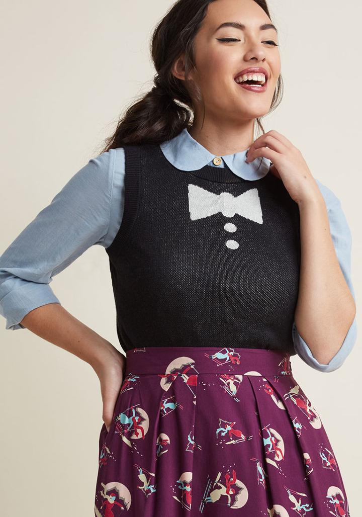 Modcloth Bow Tie 'n' Buttons Knit Vest In Xxs