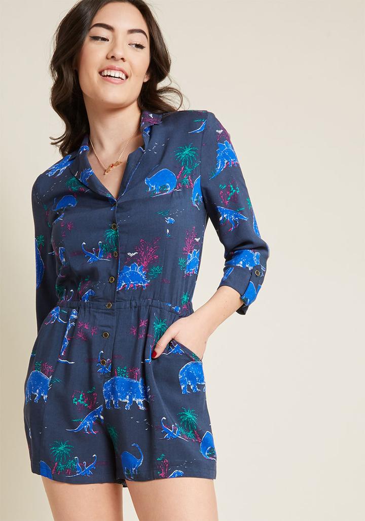 Modcloth So Field With Joy Romper In Dinosaurs In Xxs
