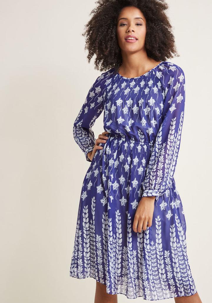 Modcloth Long Sleeve Midi Dress With Gathered Waist In Xxs