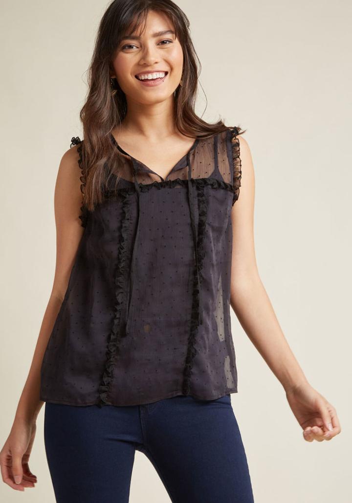 Modcloth Sleeveless Ruffled Chiffon Top In Black In Xl