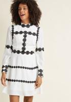 Modcloth Applique-outlined Long Sleeve A-line Dress In White In 1x