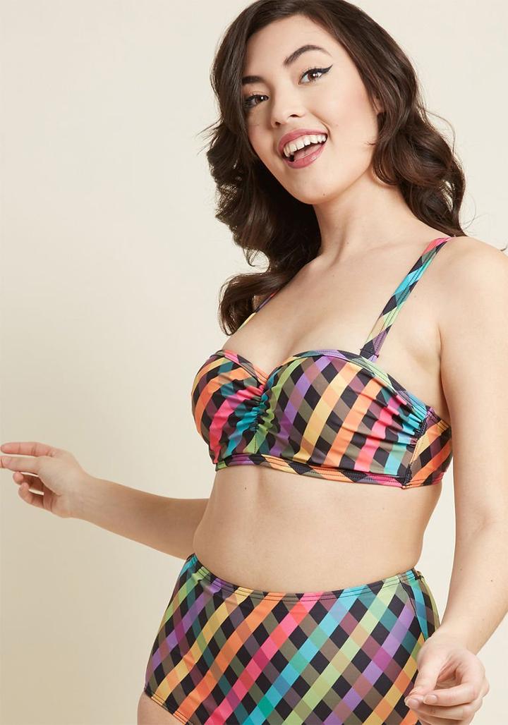 Modcloth Waterfront Flaunt Bikini Top In Rainbow Plaid In M