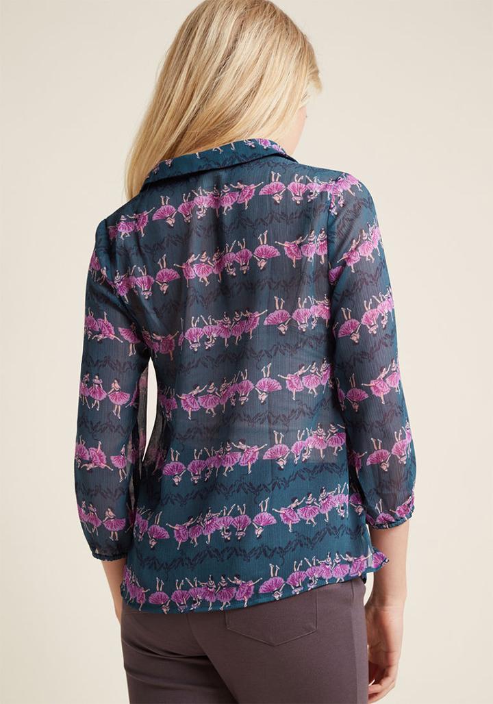 Modcloth Sheer Button-up Tie-neck Top In Ballerinas In Xl