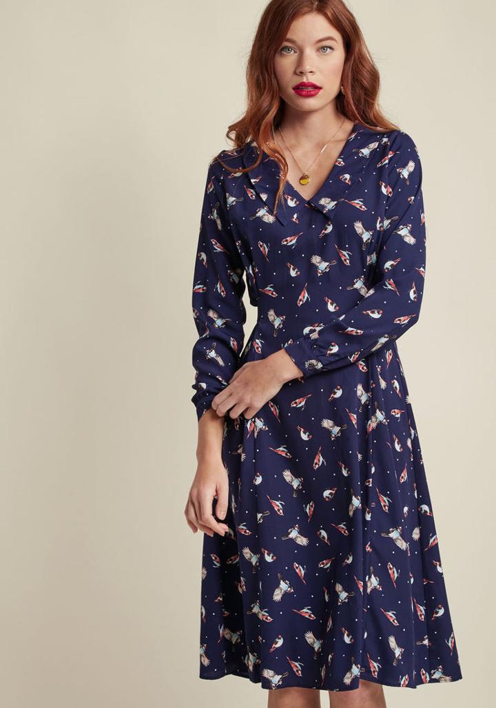 Modcloth Chelsea Collar A-line Midi Dress In Navy Bird