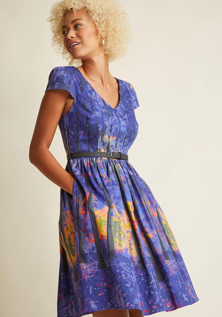 Modcloth Frondescent Fete A-line Dress In Dusk Thicket