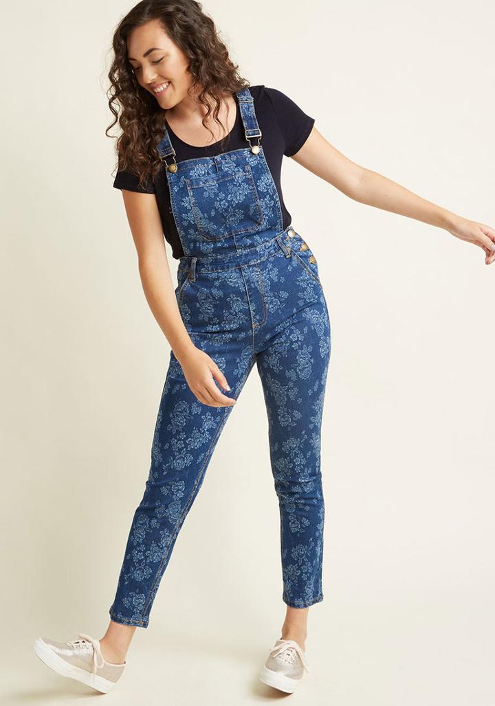 Modcloth Floral Denim Overalls In Dark Wash In Xxs