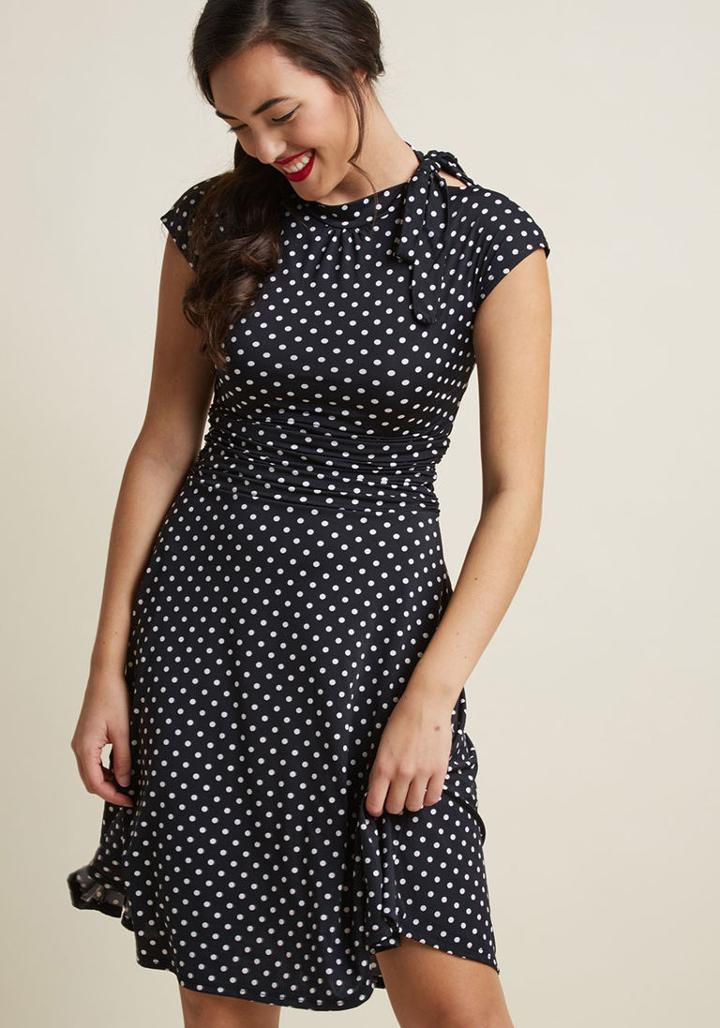 Retrolicious Dance Floor Date A-line Dress In Black Dots In S
