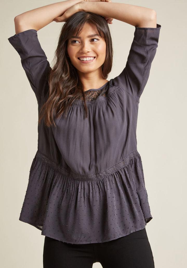 Modcloth Breezy Boho Top With Lace Accents In Grey In M