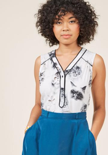 Modcloth Cafe Au Soleil Sleeveless Top In Cats