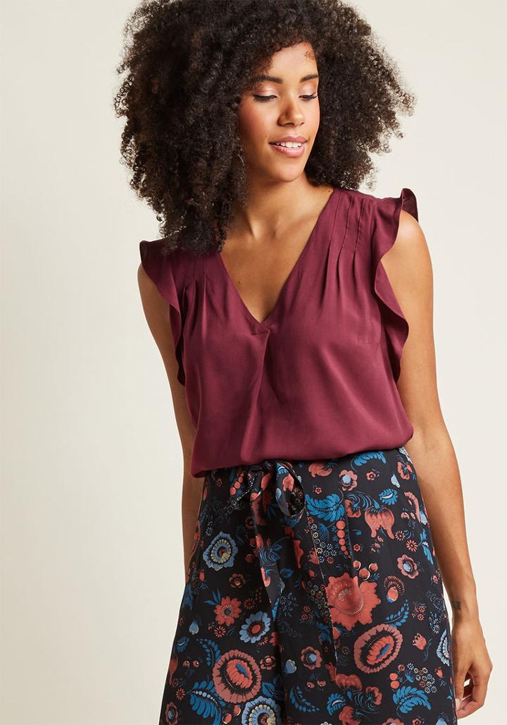 Modcloth Flutter Shoulder V-neck Top In Burgundy In 4x