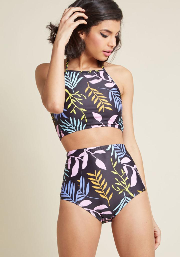 Modcloth Good Volley, Miss Molly! High-waisted Bikini Bottom In Fronds In M