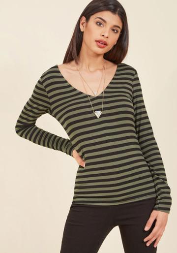  All Basics Covered Long Sleeve Top In Olive Stripes In Xs