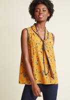 Modcloth Trimmed Tie Neck Sleeveless Top In Mustard Wildflowers In 4x