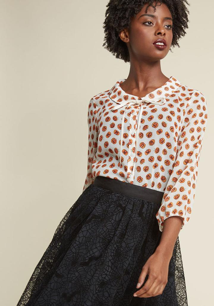Modcloth Sheer Button-up Tie-neck Top In Pumpkins