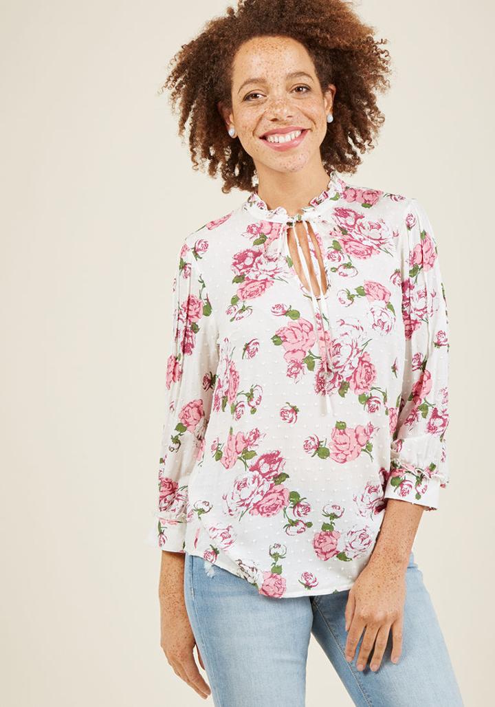 Modcloth Rustic Radiance Tie-neck Floral Top In Ivory In Xxs