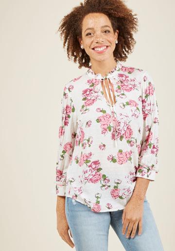 Modcloth Rustic Radiance Tie-neck Floral Top In Ivory In Xxs
