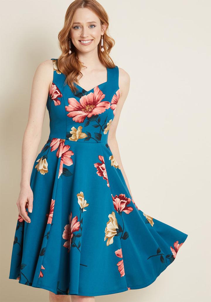 Modcloth Measured Magnificence Fit And Flare Dress In Teal Floral In 2x