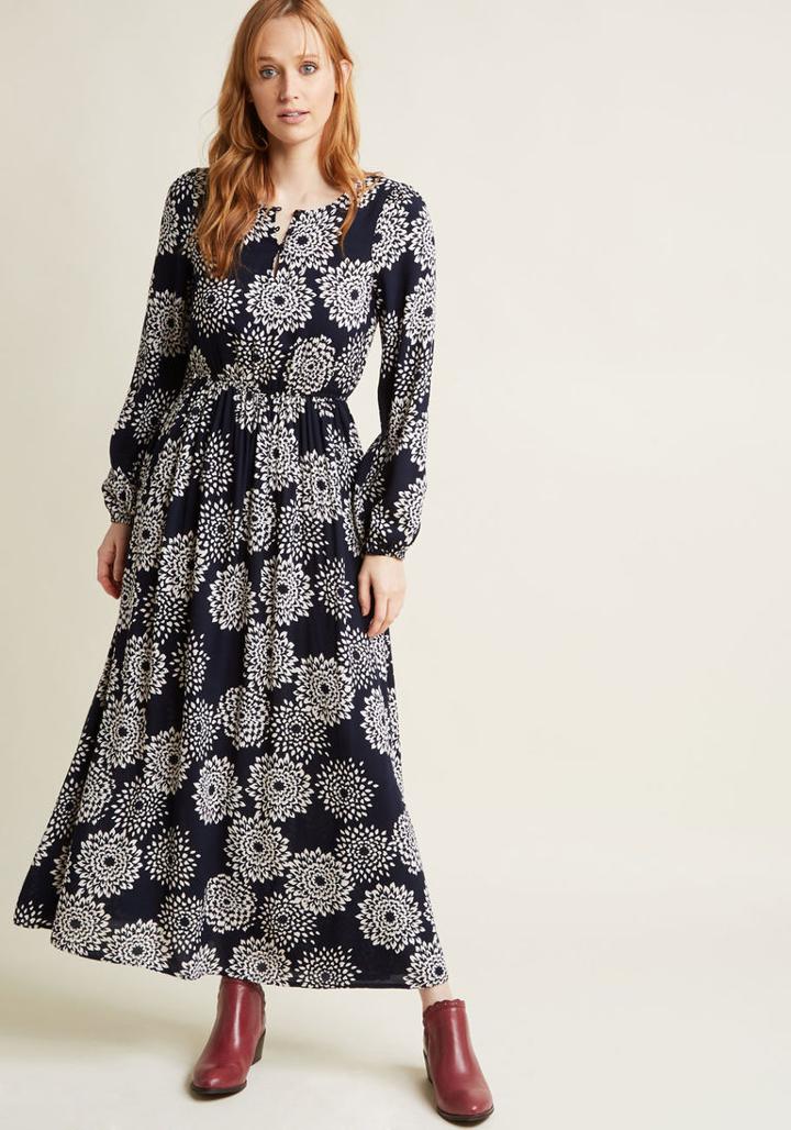 Modcloth Dahlia Printed Long Sleeve Maxi Dress In Xl