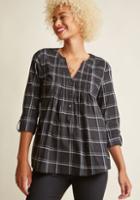 Modcloth Plaid Henley Top With Tab Sleeves In Black In Xl