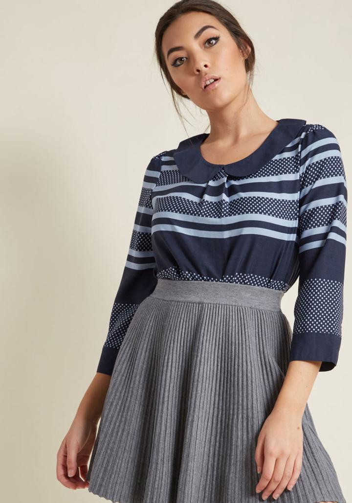 Modcloth 3/4 Sleeve Blouse With Peter Pan Collar In Navy In 1x