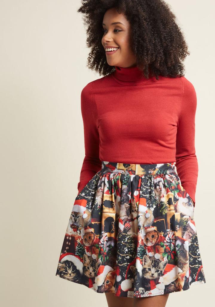 Modcloth Holiday Mini Skirt In Santa Paws In Xxs