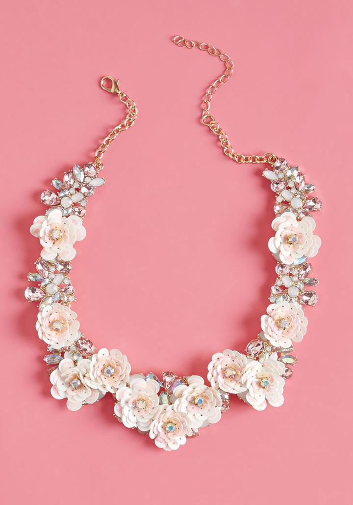 V23726nkcrmgld Statement Accessories Don't Get More Fresh Than This Floral Necklace! Glittering With Opalescent Rhinestones, White And Pink Sequins, And Gold Accents, This Lively Adornment Lets Your Look Truly Blossom.