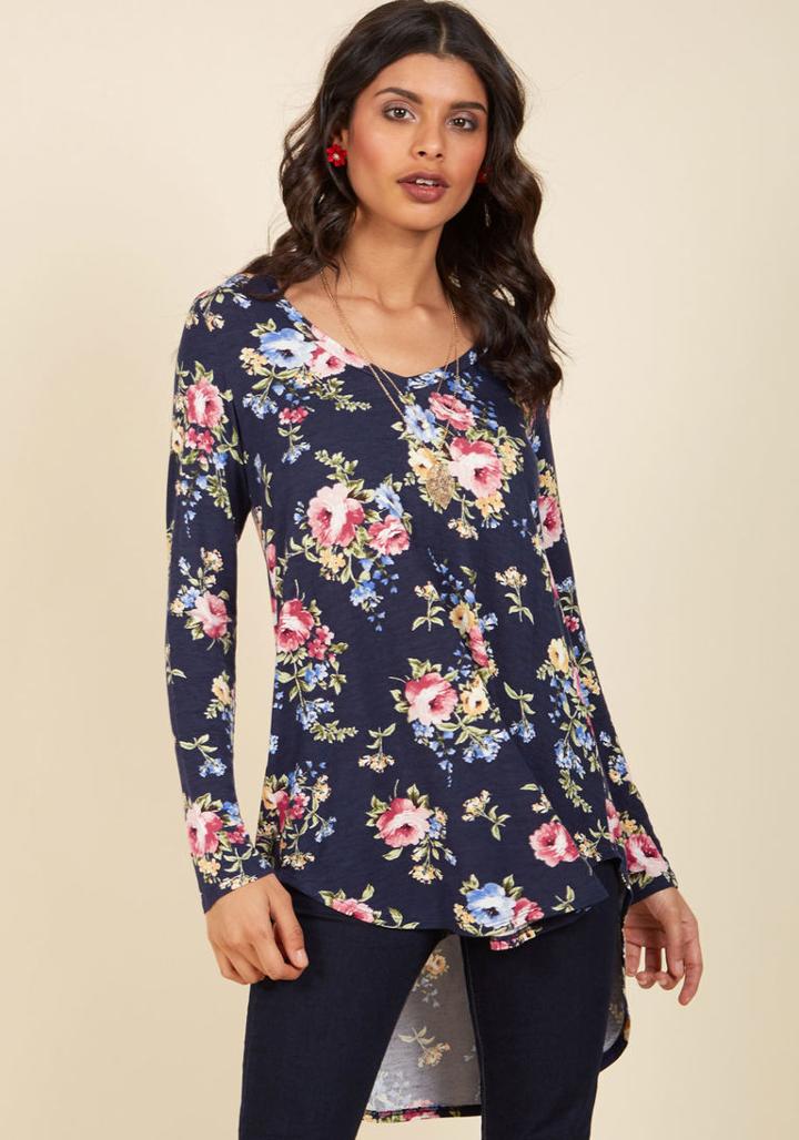 Modcloth Embracing Basic Long Sleeve Top In Navy Bloom