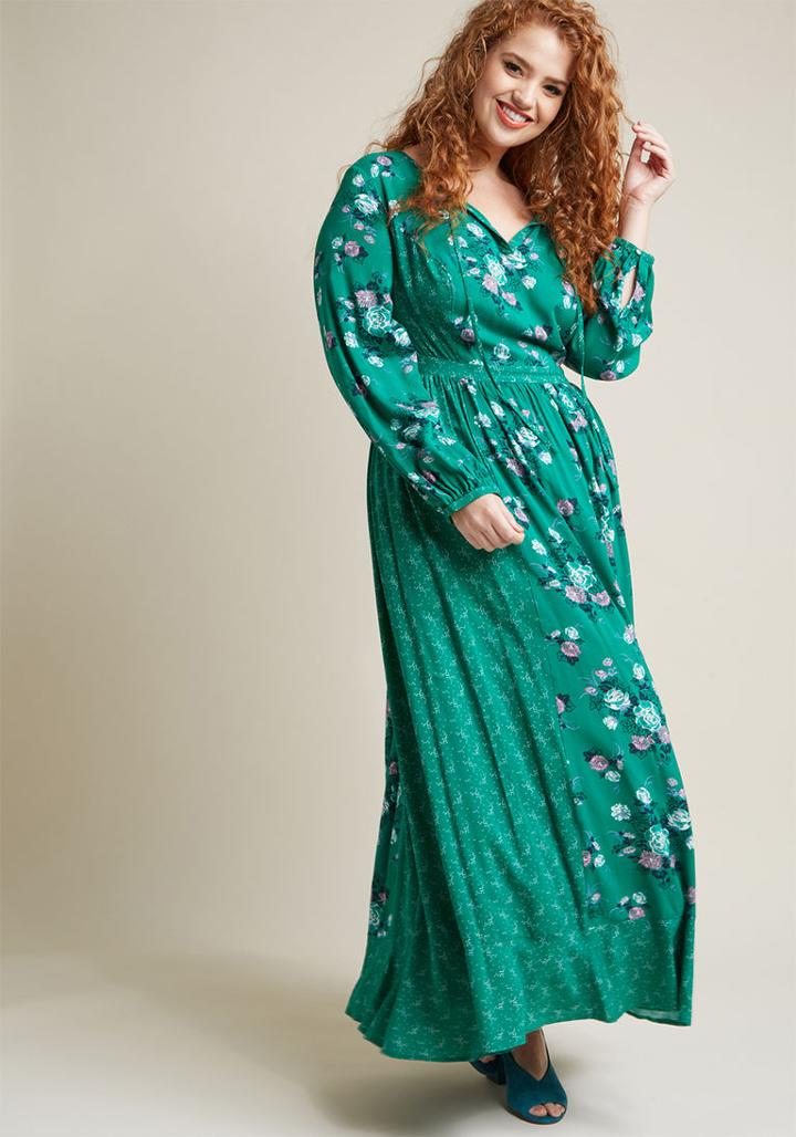 Modcloth Long Sleeve Maxi Dress With Tie Neck In L