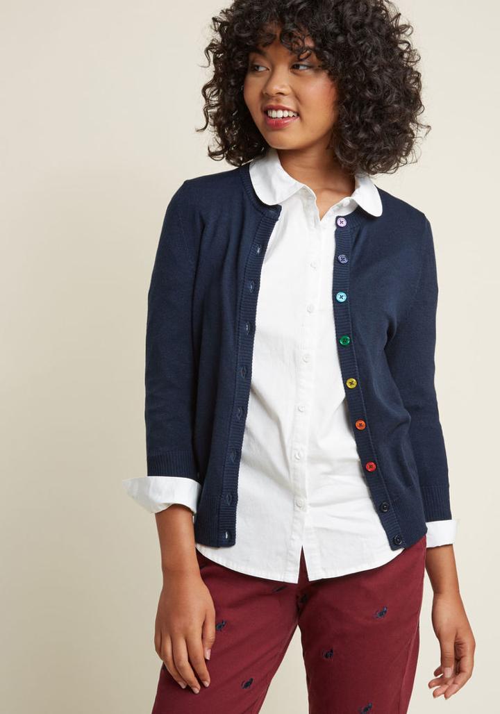 Modcloth Charter School Crew Neck Cardigan In Rainbow Buttons In 1x