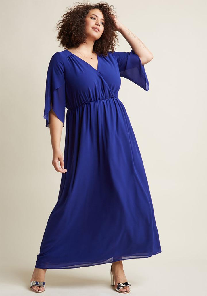 Modcloth Chiffon Maxi Dress With 3/4 Sleeves In Cobalt In Xs