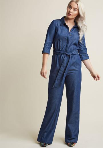 Modcloth Chambray Jumpsuit With Pockets And Sash In L