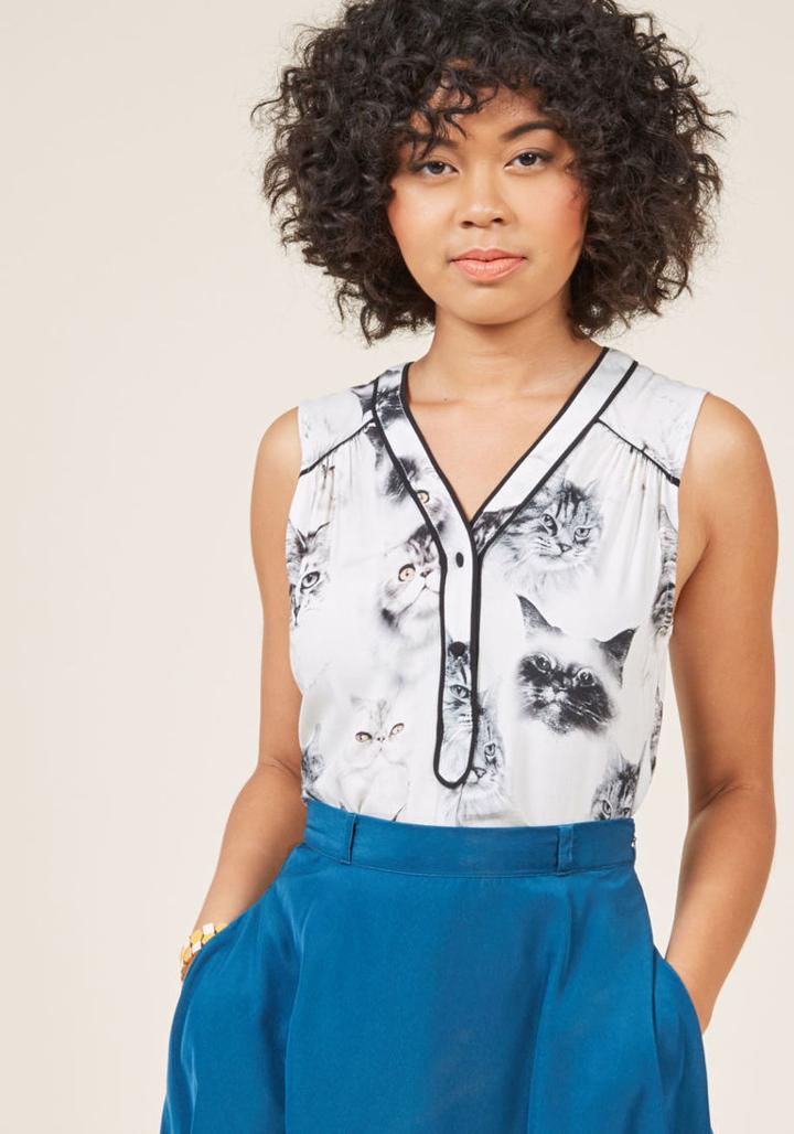 Modcloth Cafe Au Soleil Sleeveless Top In Cats In Xl