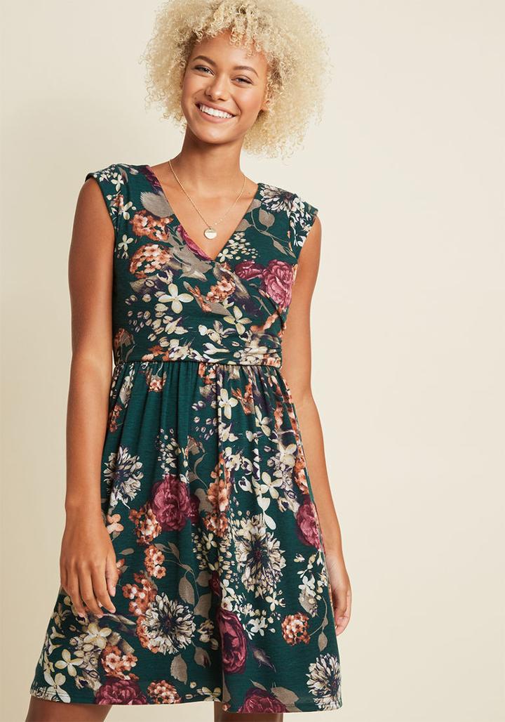 Modcloth Breezier Said Than Done Floral Dress In Forest Green In M