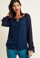 Modcloth Mixed Media Long Sleeve Button-up Top In Navy In 2x