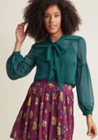 Modcloth Sheer Tie Neck Blouse With Bishop Sleeves In Teal In M