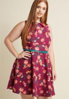 Modcloth Sleeveless Belted Fit And Flare Dress In Fuchsia Floral In S