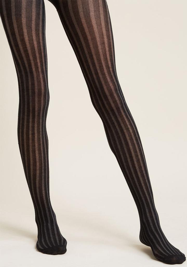 Modcloth Dancing Delight Ribbed Modal Tights In Noir In M/l