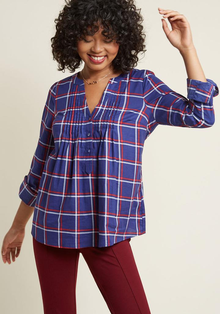 Modcloth Plaid Henley Top With Tab Sleeves In Blue In Xs