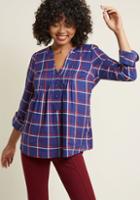 Modcloth Plaid Henley Top With Tab Sleeves In Blue In Xs