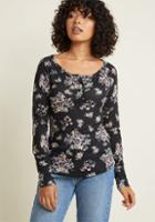 Modcloth Waffle Knit Henley Top In Black Floral