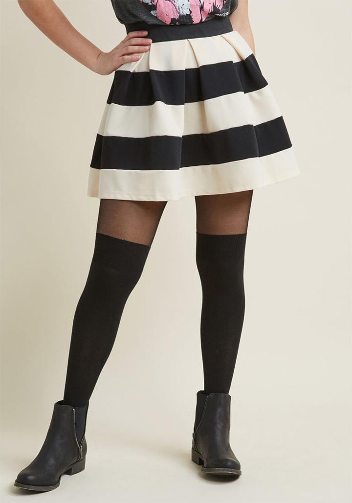 Modcloth Stripe It Lucky Skater Skirt In Black & Ivory In S