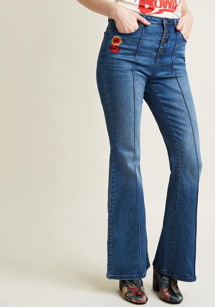 Modcloth Flared Jeans With Floral Embroidery In Xs