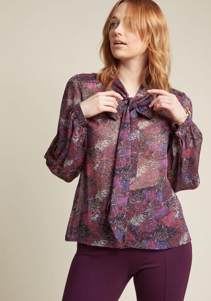 Modcloth Sheer Tie Neck Blouse With Bishop Sleeves In Foliage In Xl
